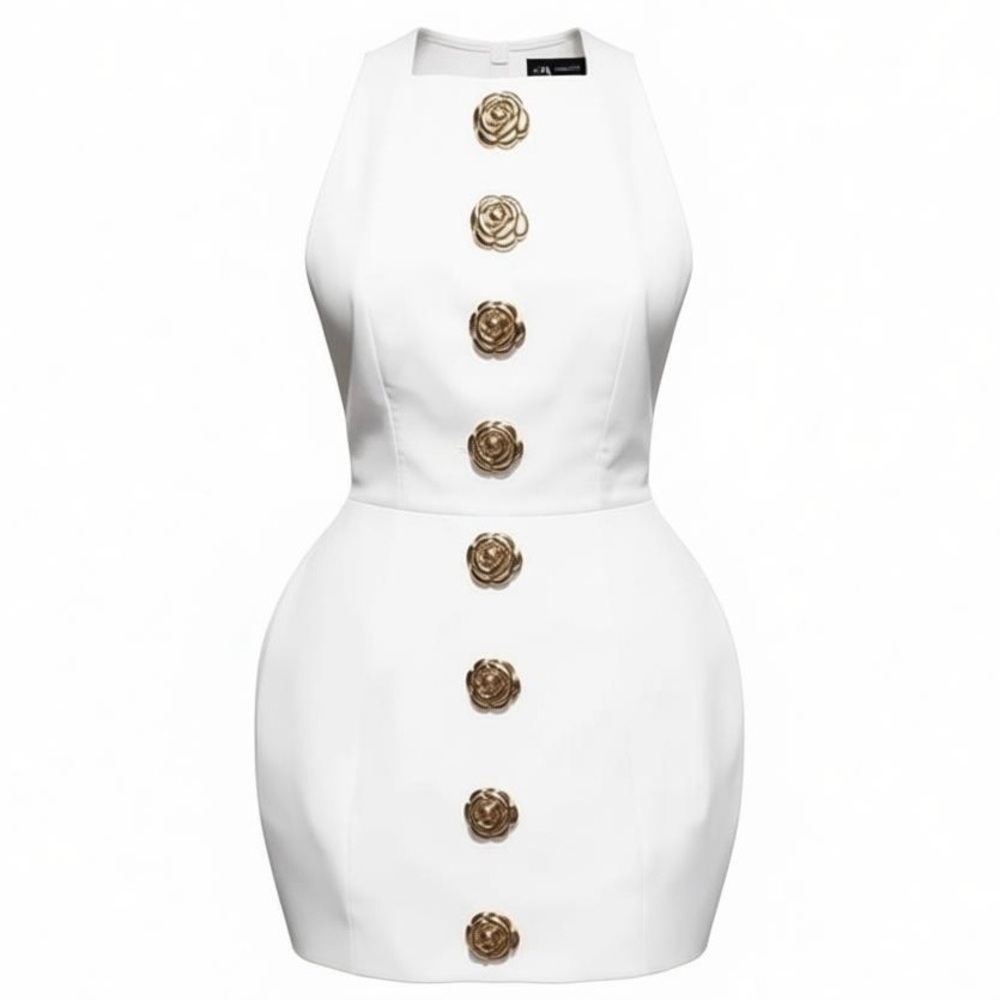 White Sleeveless Mini Dress with Gold Rosette Buttons